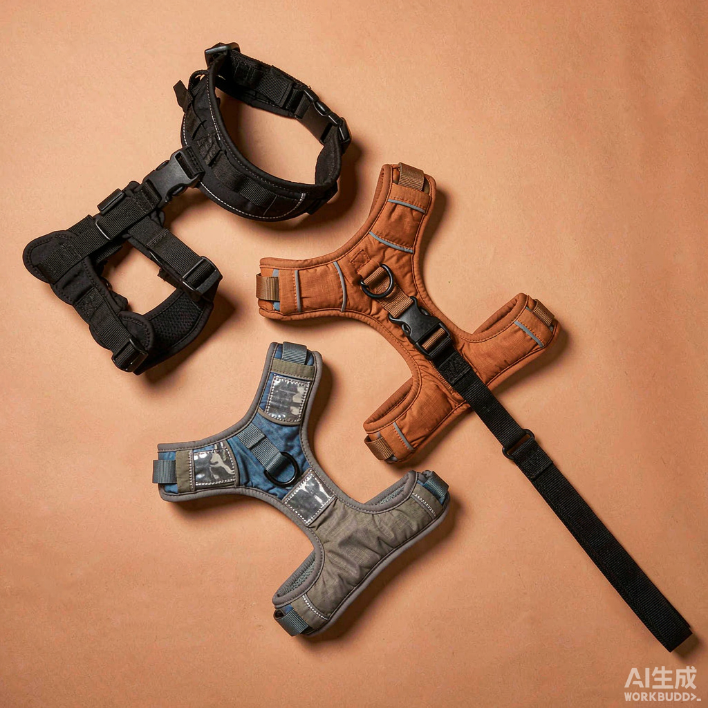 Flat-lay of a padded dog harness on a peach background