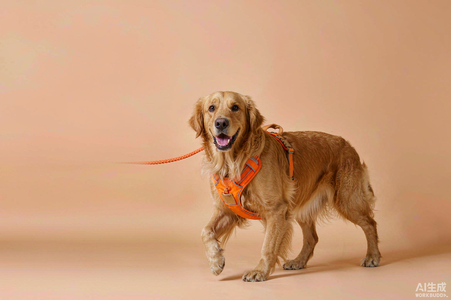 Golden retriever walking on a leash while wearing a harness
